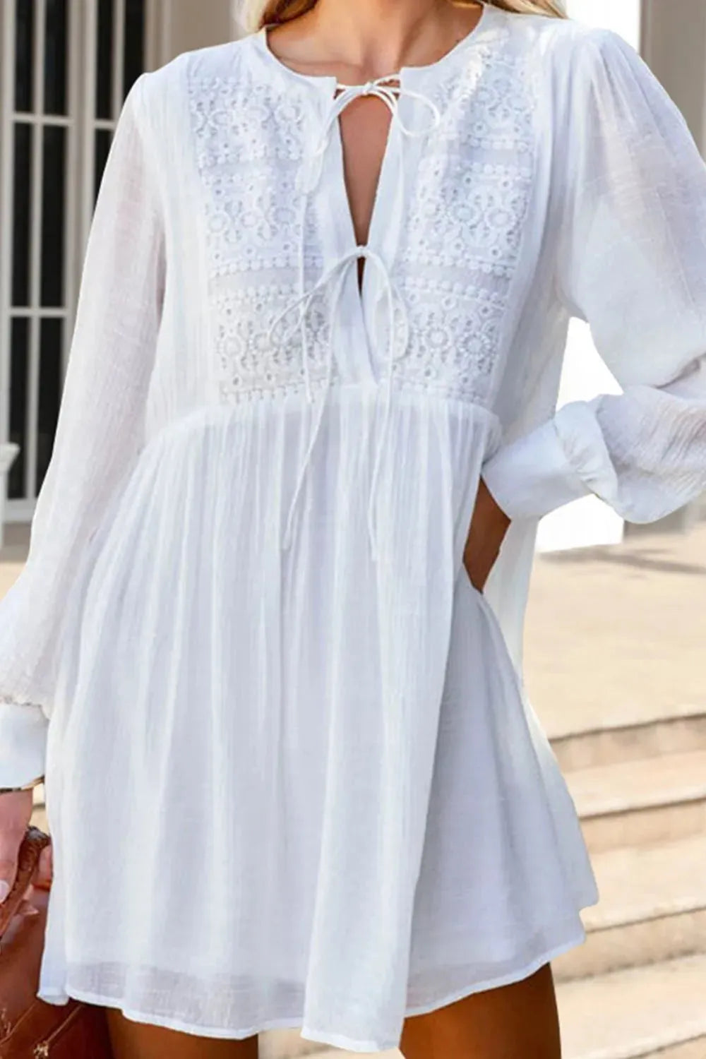 Lace Detail Tie Neck Mini Dress Casual Dresses - Tophatter Daily Deals